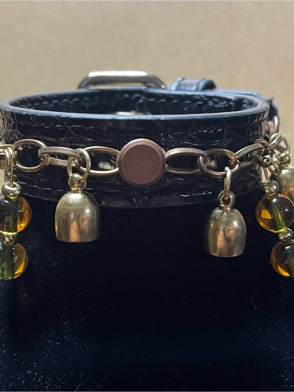 Black Leather Bracelet with Gold-Tone Bells and Amber Beads Up Cycled Material